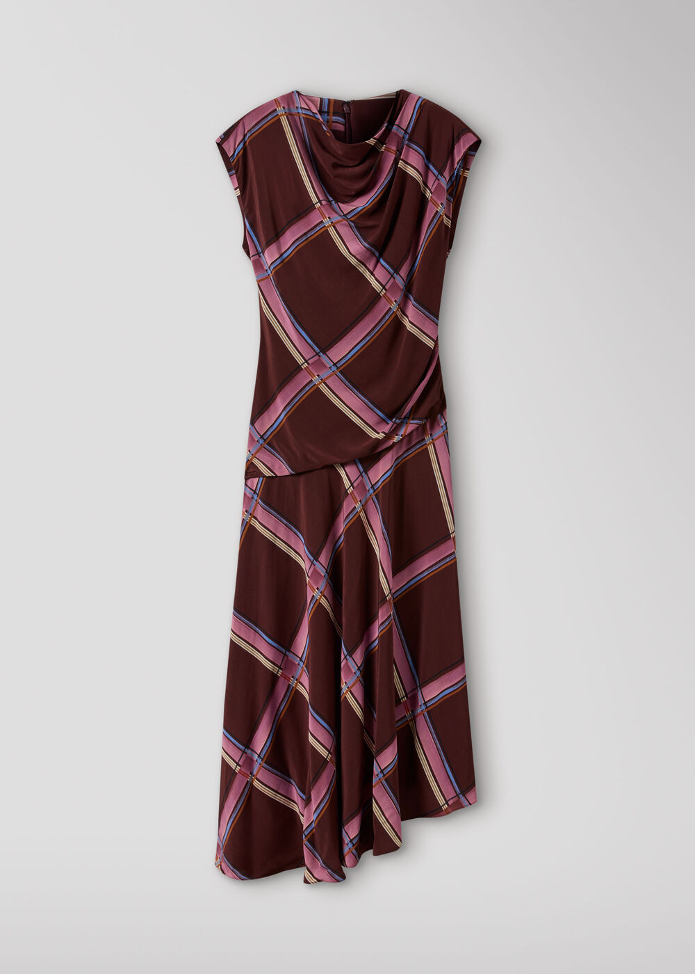 Brown Painted Check Cowl Neck Dress