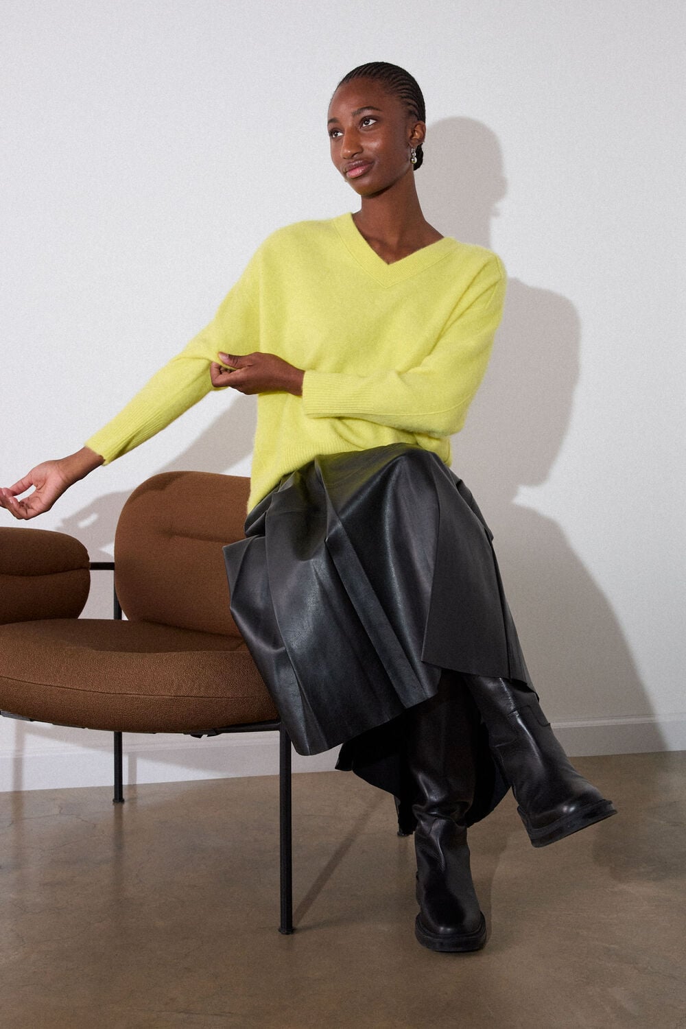 Yellow Brushed Cashmere V Neck Knit