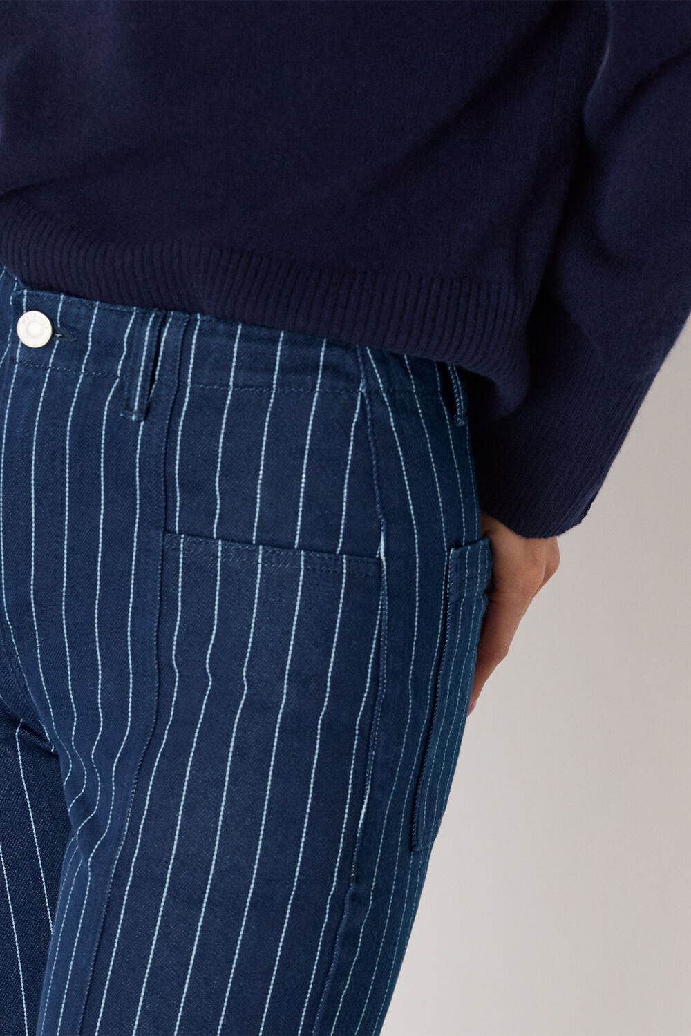 Navy Pinstripe Barrel Leg Jean