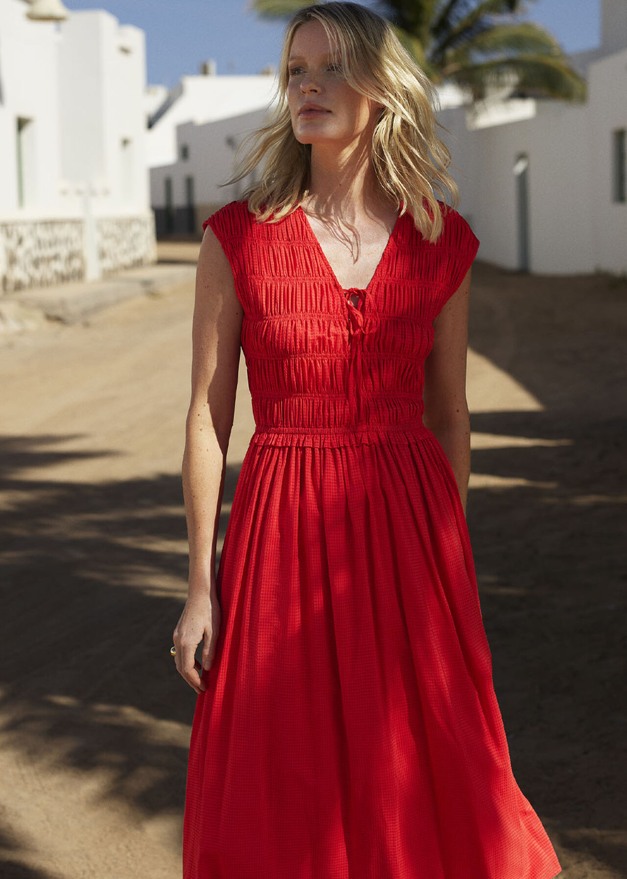 Shirred Bodice V Neck Dress