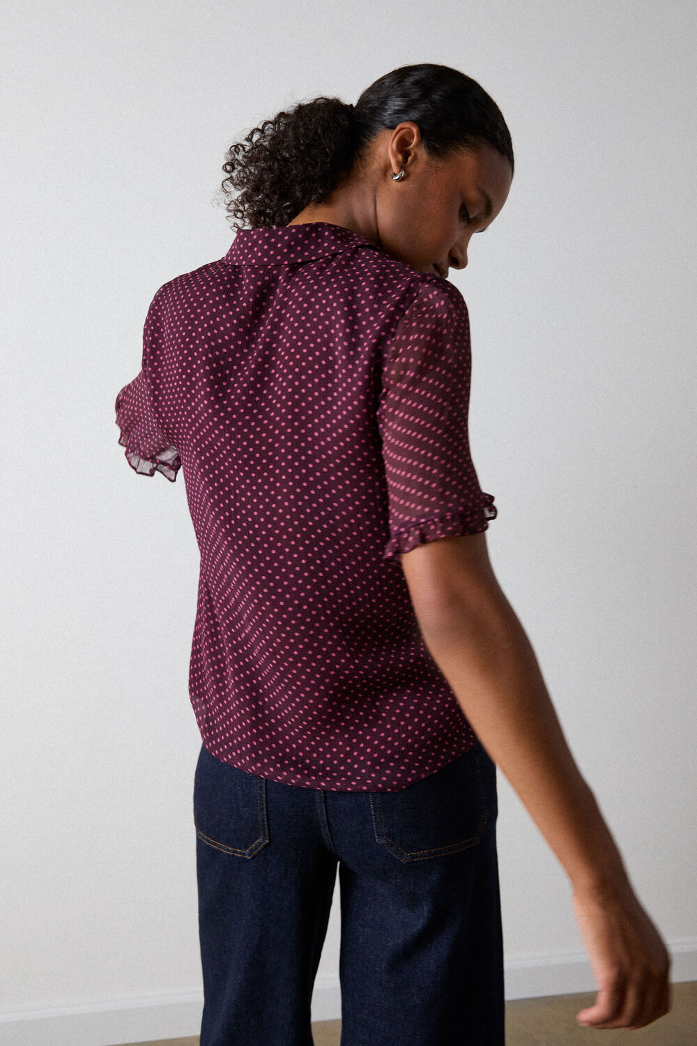 Burgundy Polka Dot Sheer Sleeve Shirt