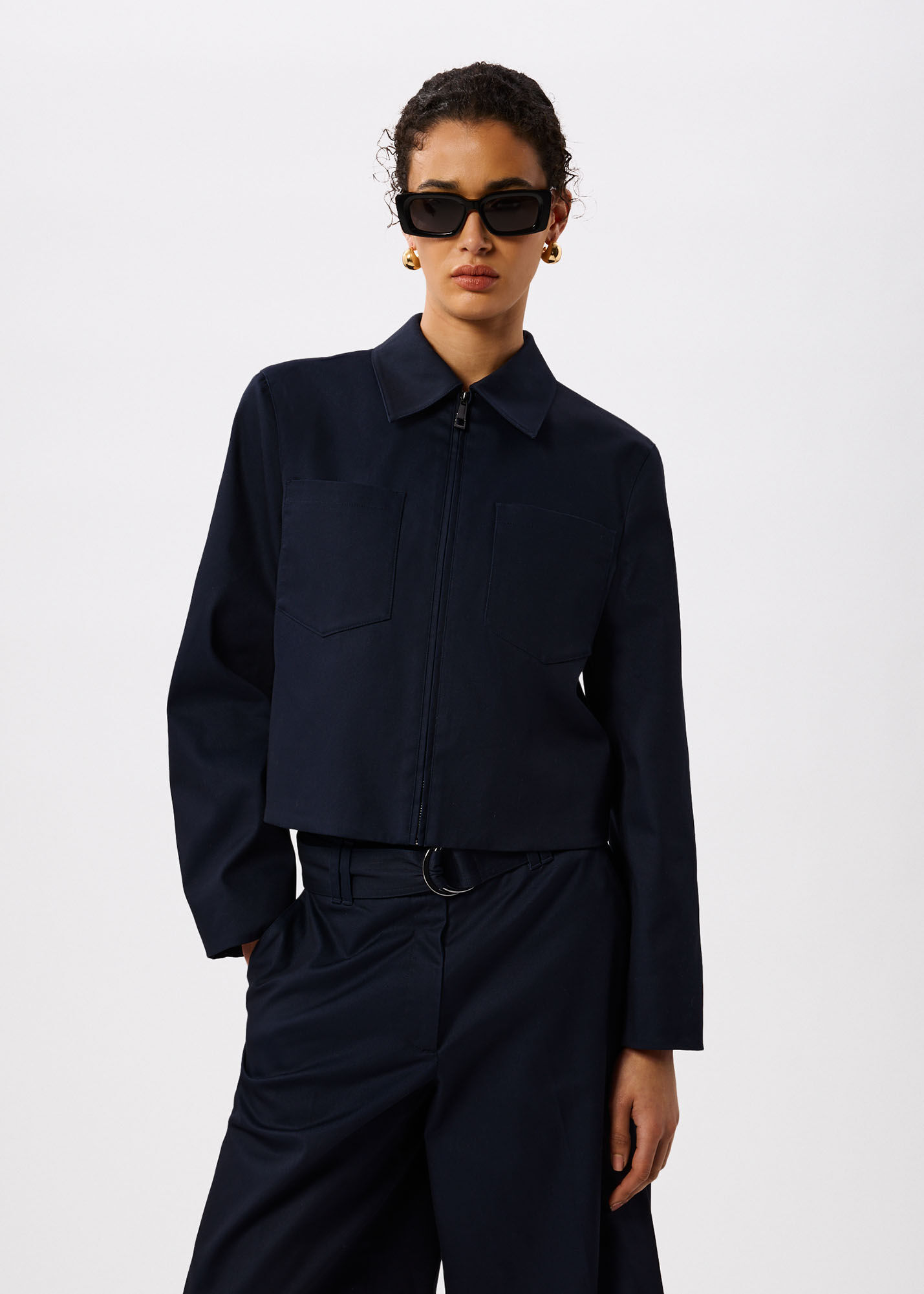 Navy Compact Cotton Cropped Jacket | WHISTLES | Whistles US |
