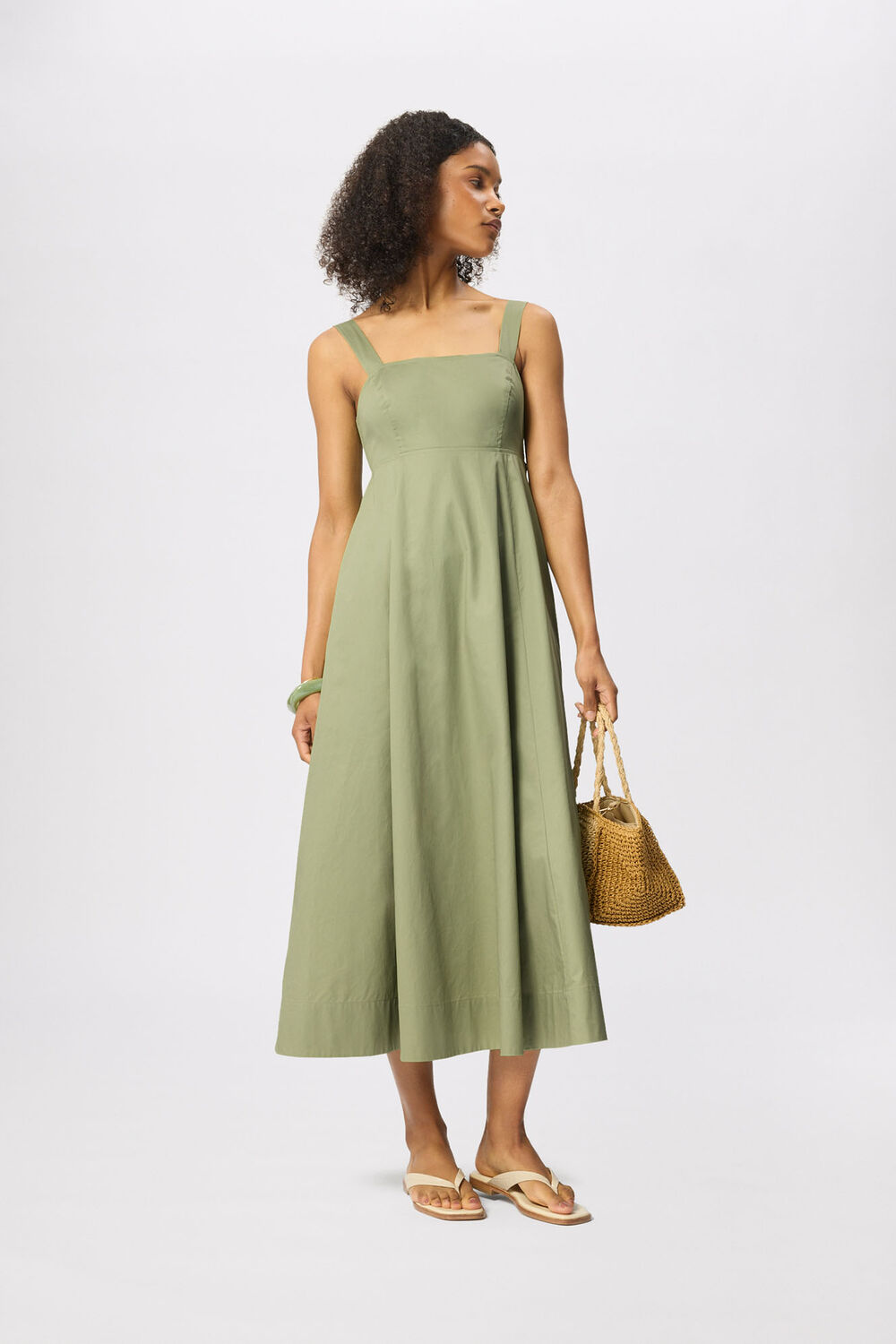 Khaki Cotton Midi Strappy Dress