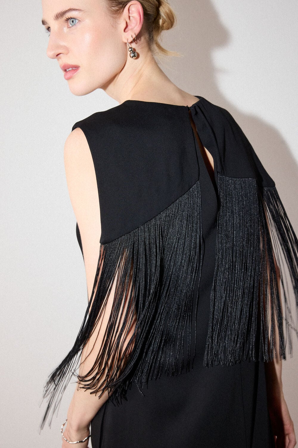 Black Fringe Back Midi Dress