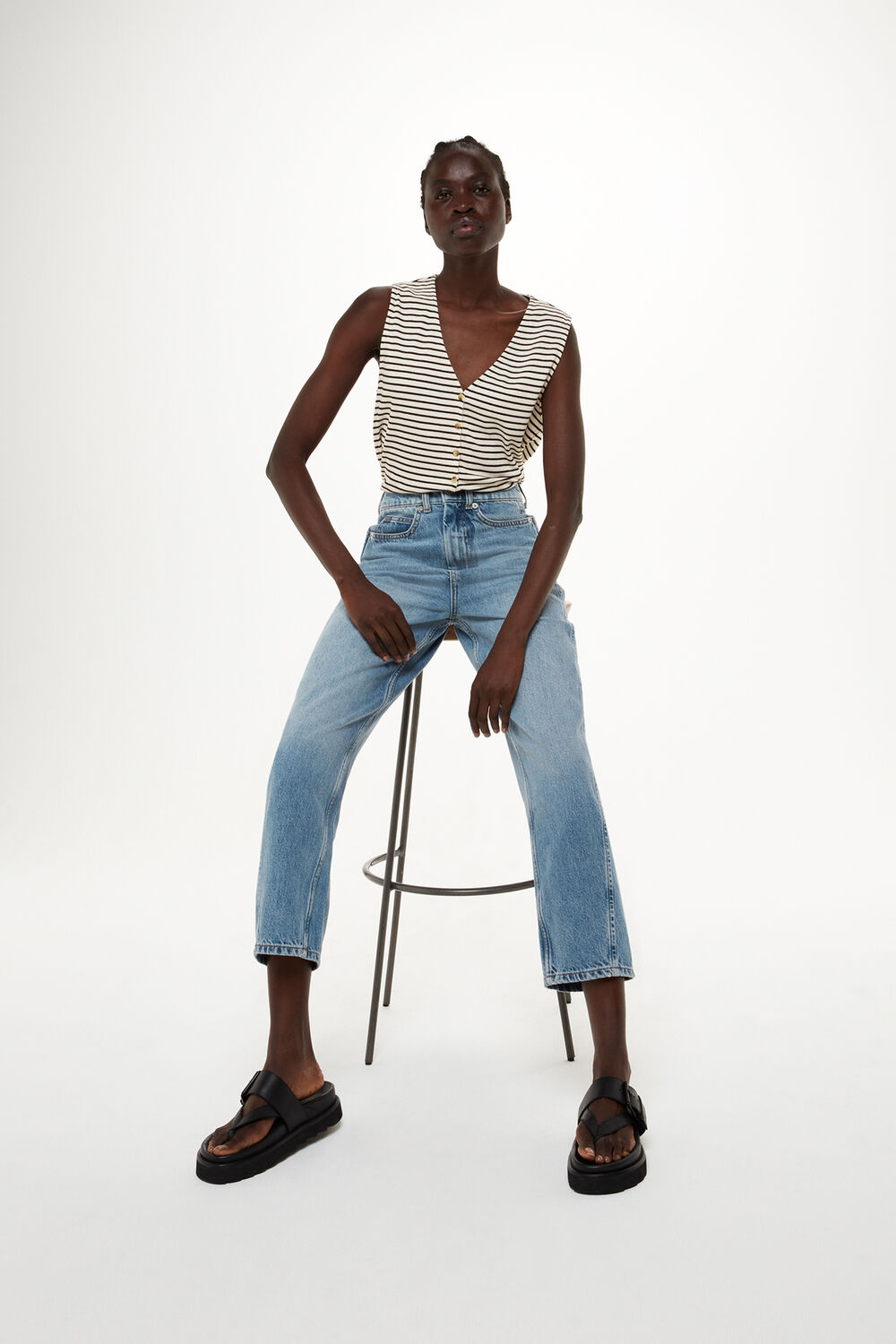 Button Up Stripe Rib Tank