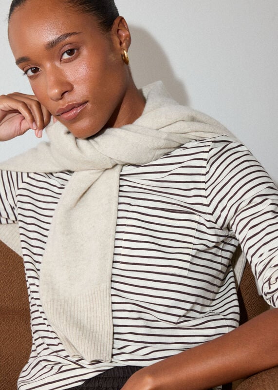 Brown Stripe Crew Neck Pocket Top