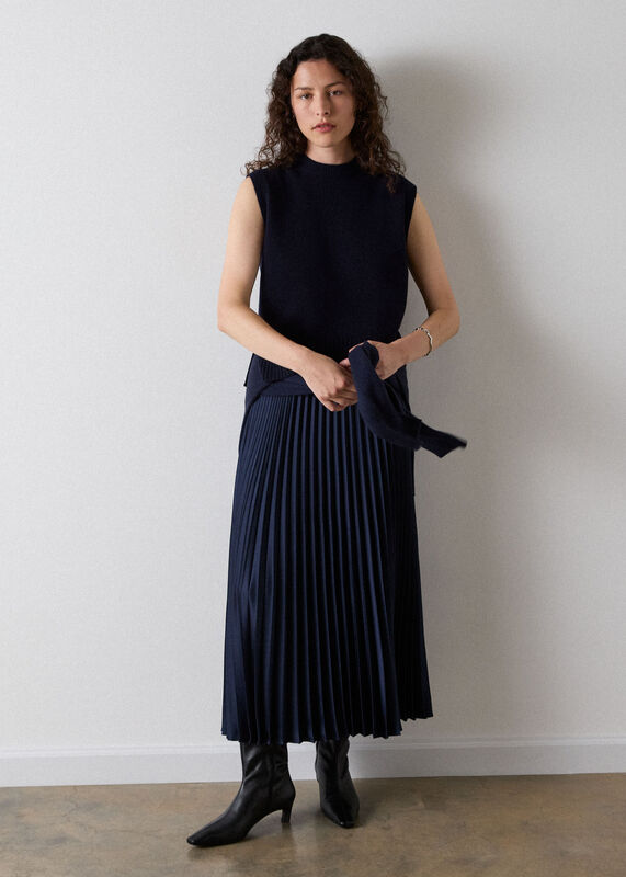 Navy Satin Pleated Midi Skirt