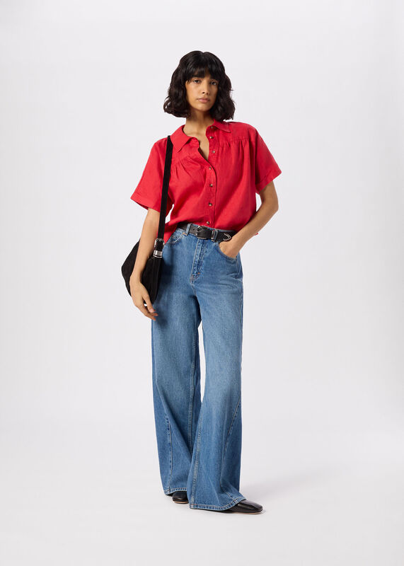 Red Gathered Linen Shirt