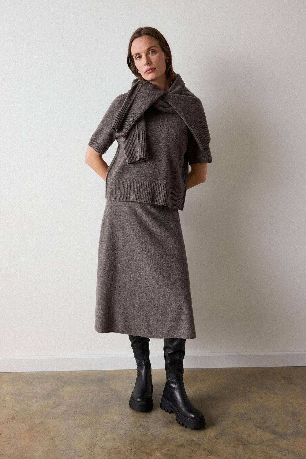 Neutral Petite Wool Knitted Midi Skirt