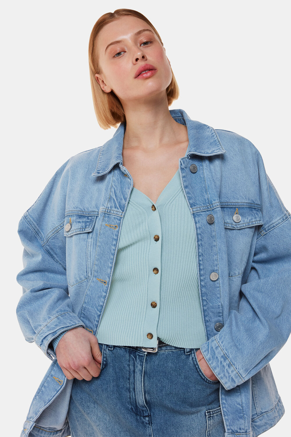 Blue Ribbed V neck Cardigan