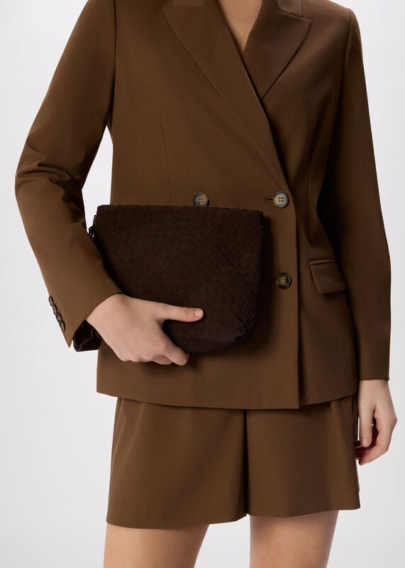 Chocolate Avah Woven Suede Zip Clutch