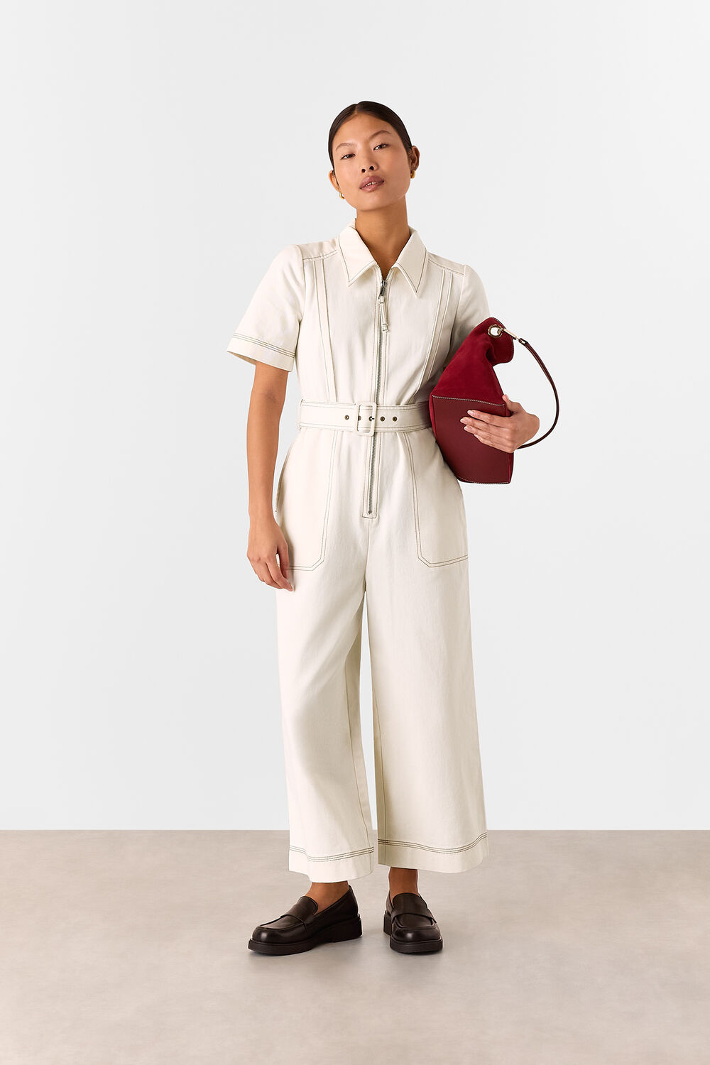 Petite Denim Pintuck Belted Jumpsuit