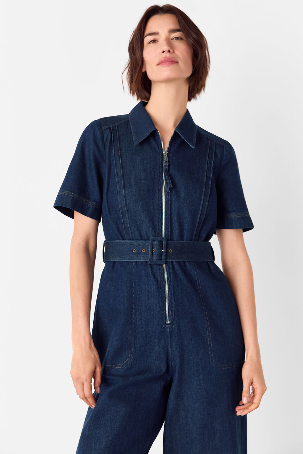 Denim Pintuck Belted Jumpsuit