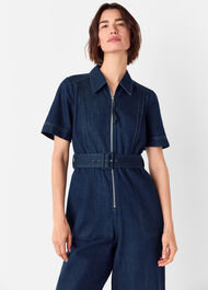 Denim Pintuck Belted Jumpsuit
