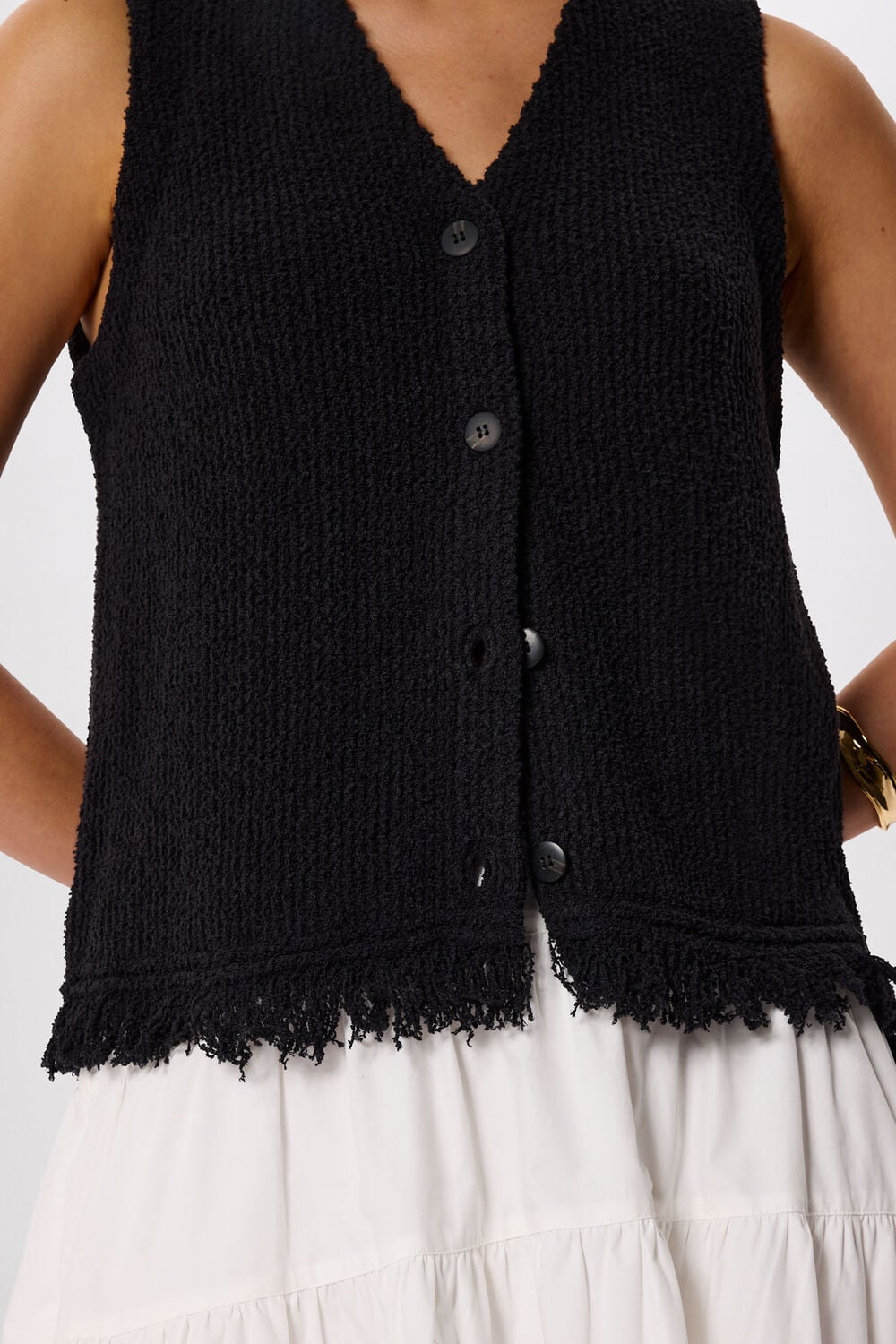 Black Cotton Boucle Fringe Tank