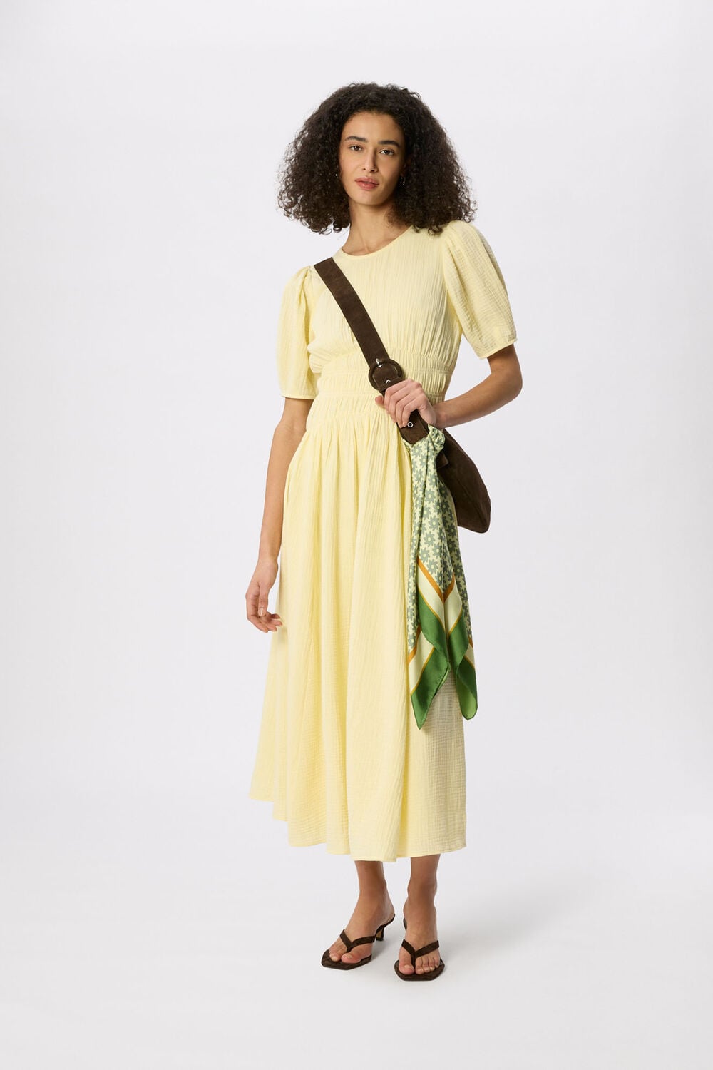 Yellow Petite Shirred Cheesecloth Midi Dress