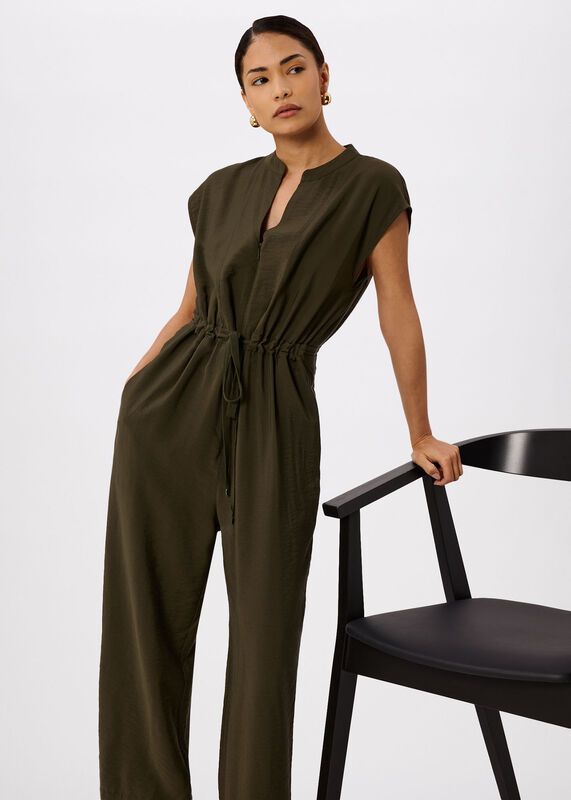 Khaki Petite Sleeveless Drawstring Jumpsuit
