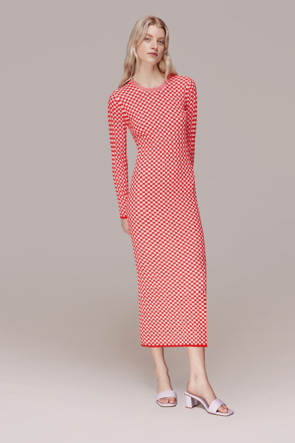 Red Checkerboard Knit Midi Dress