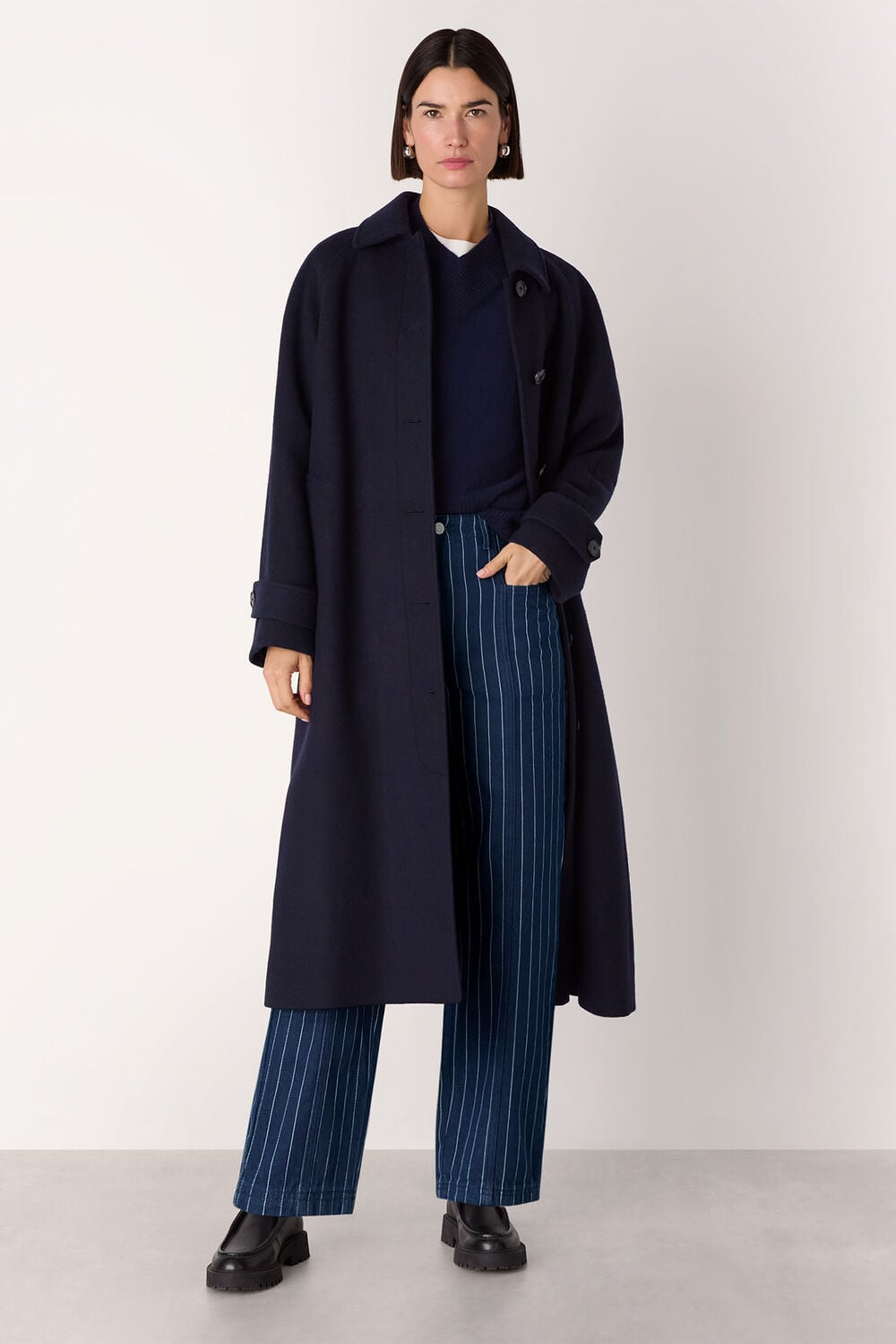 Navy Pinstripe Barrel Leg Jean