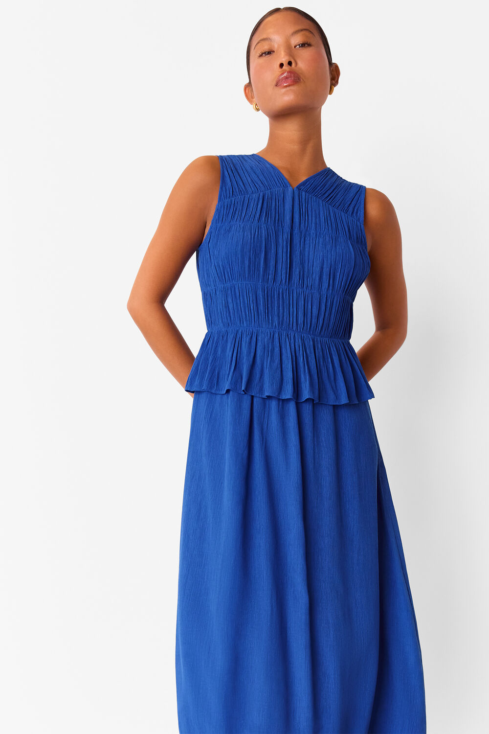 Cobalt Blue Petite Shirred V Neck Midi Dress