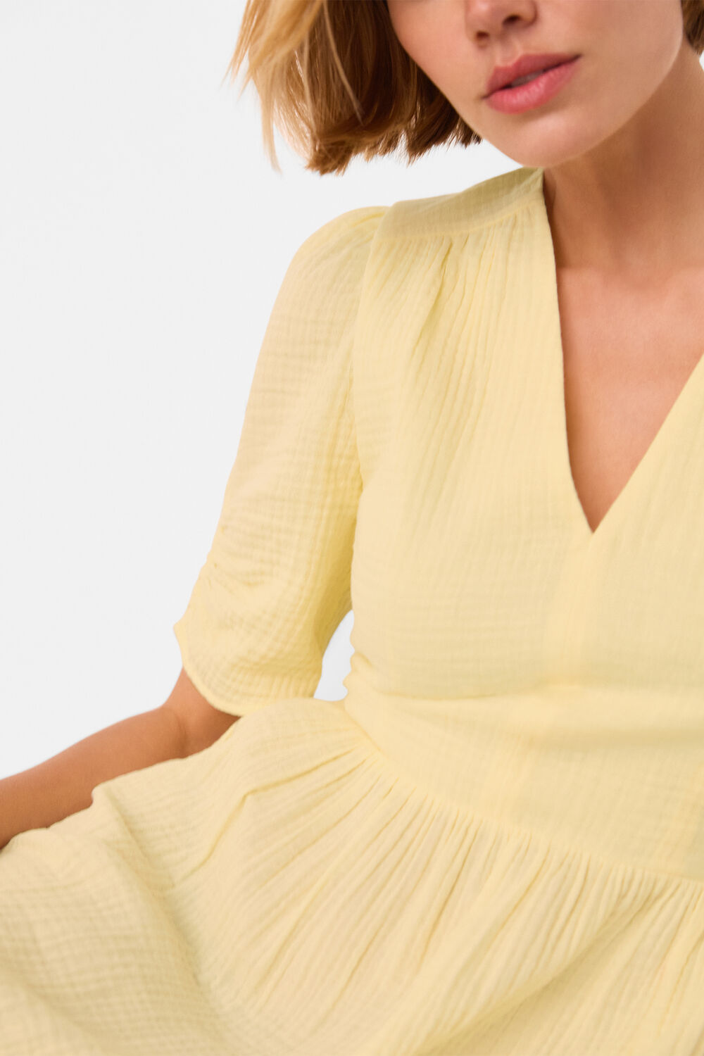 Yellow Textured Cotton Midi Dress