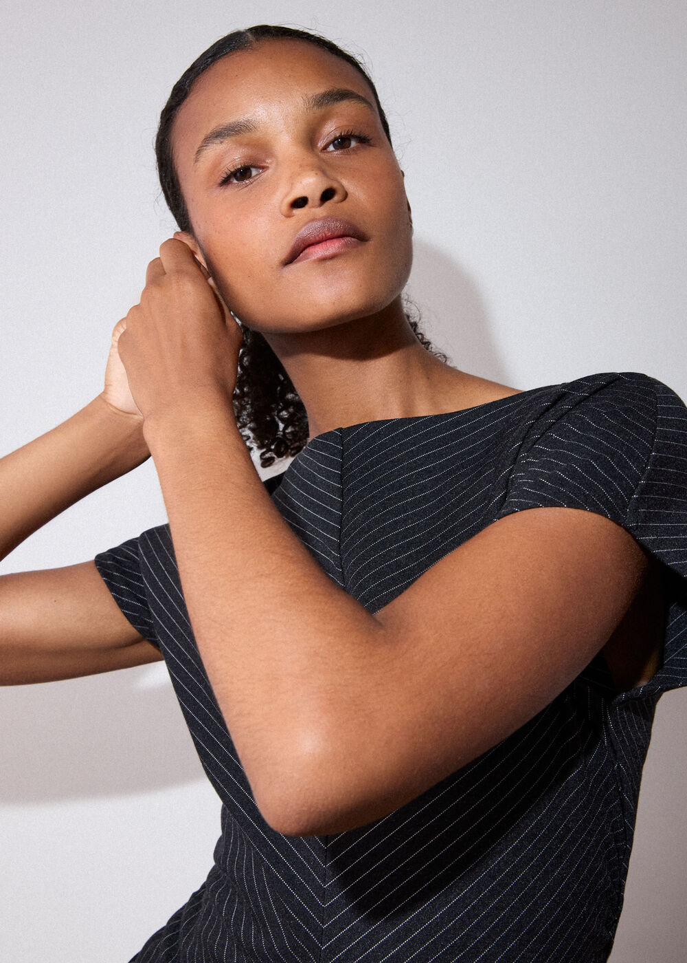 Black Pinstripe Jersey Midi Dress