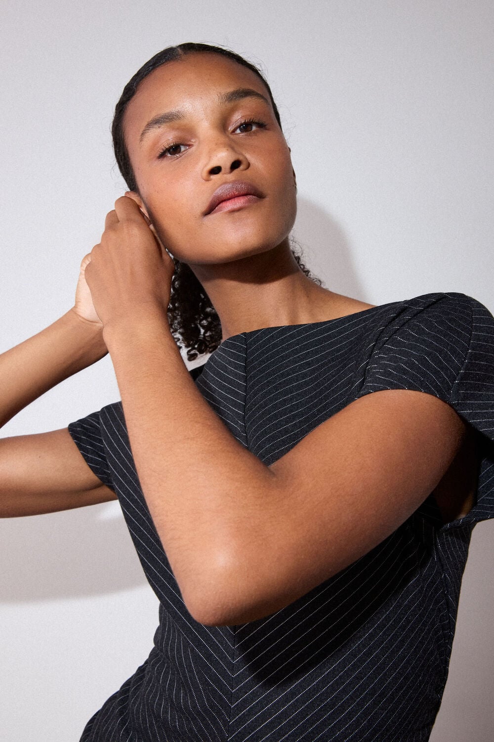 Black Pinstripe Jersey Midi Dress
