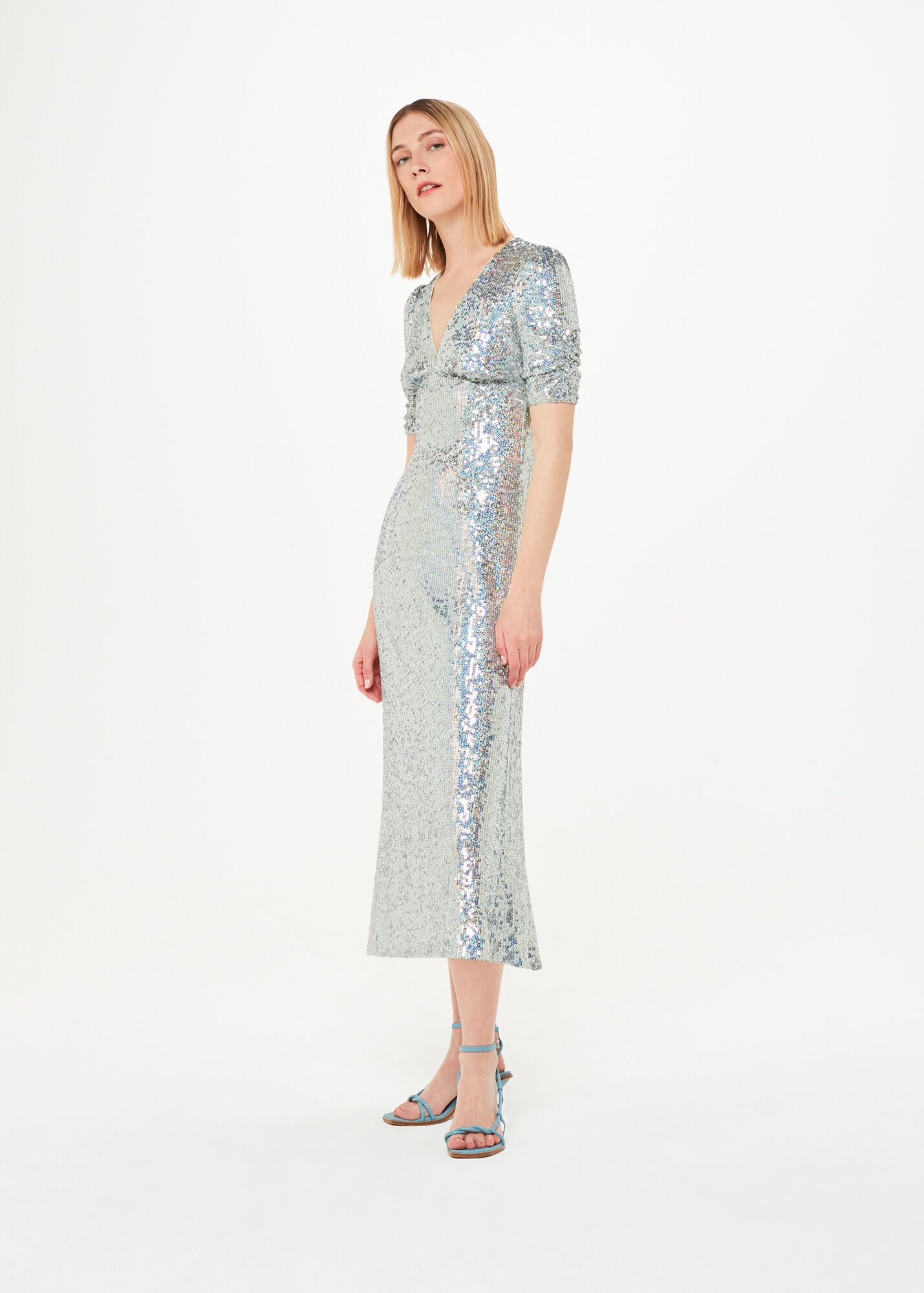 Silver Sequin V-Neck Midi Dress With Puff Sleeves | Whistles