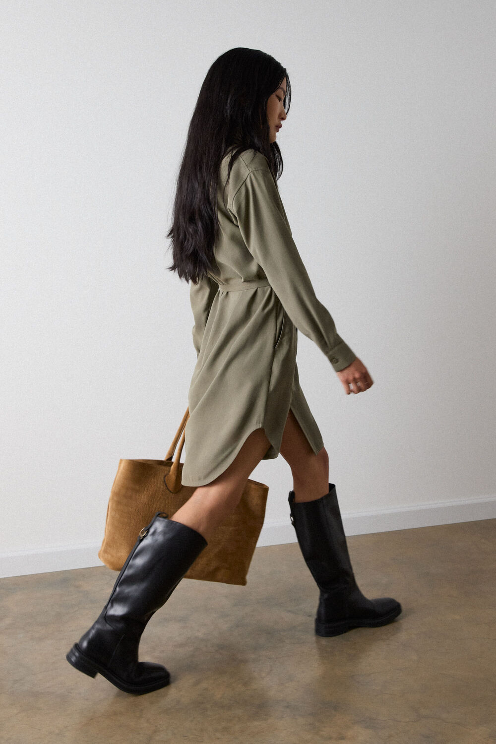 Khaki Ring Detail Shirt Twill Dress