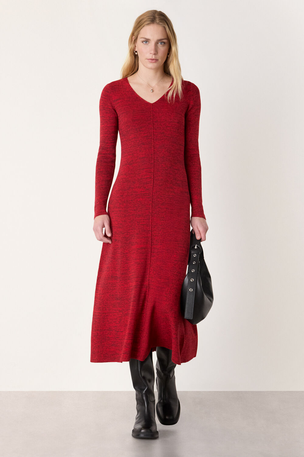 Red Melange Ribbed Midi Knit Dress