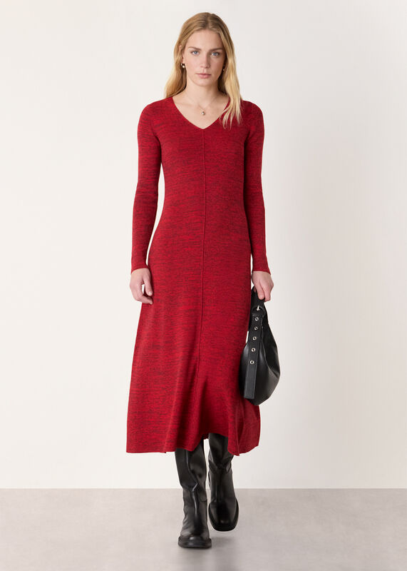 Red Melange Ribbed Midi Knit Dress