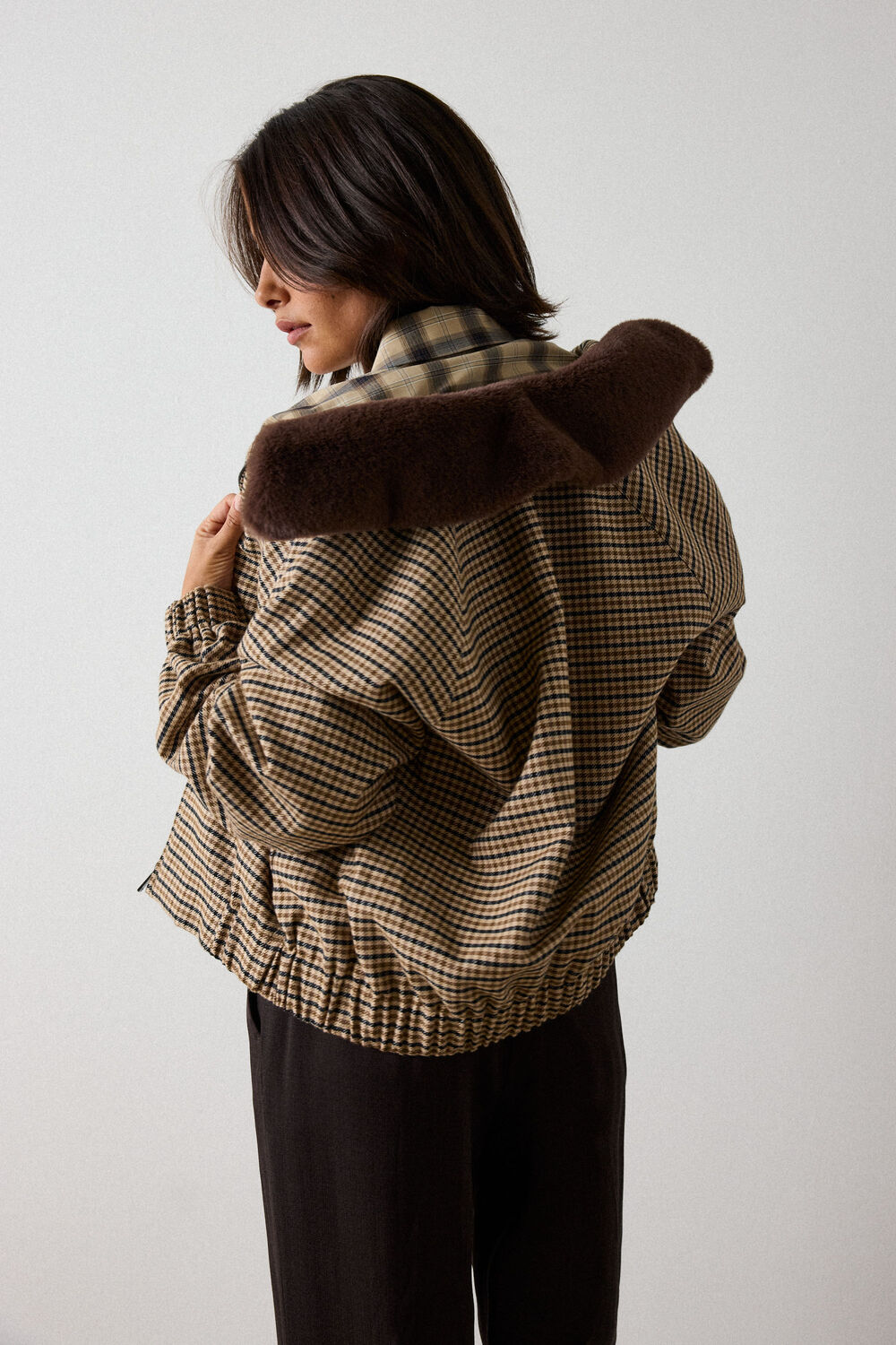 Brown Faux Fur Collar Check Bomber
