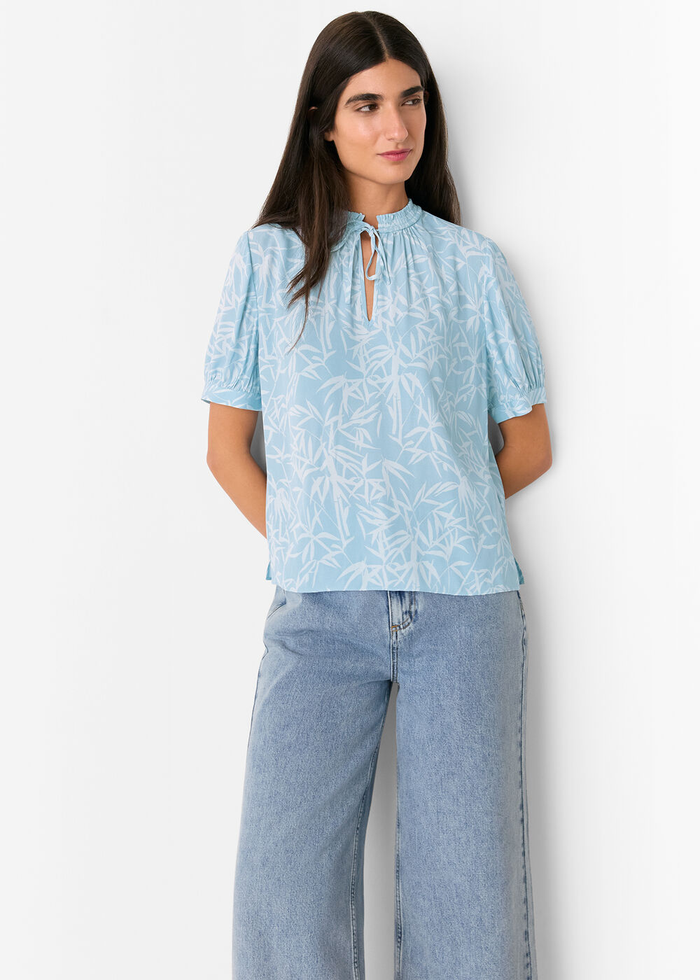 Bamboo Leaves Tie Neck Blouse