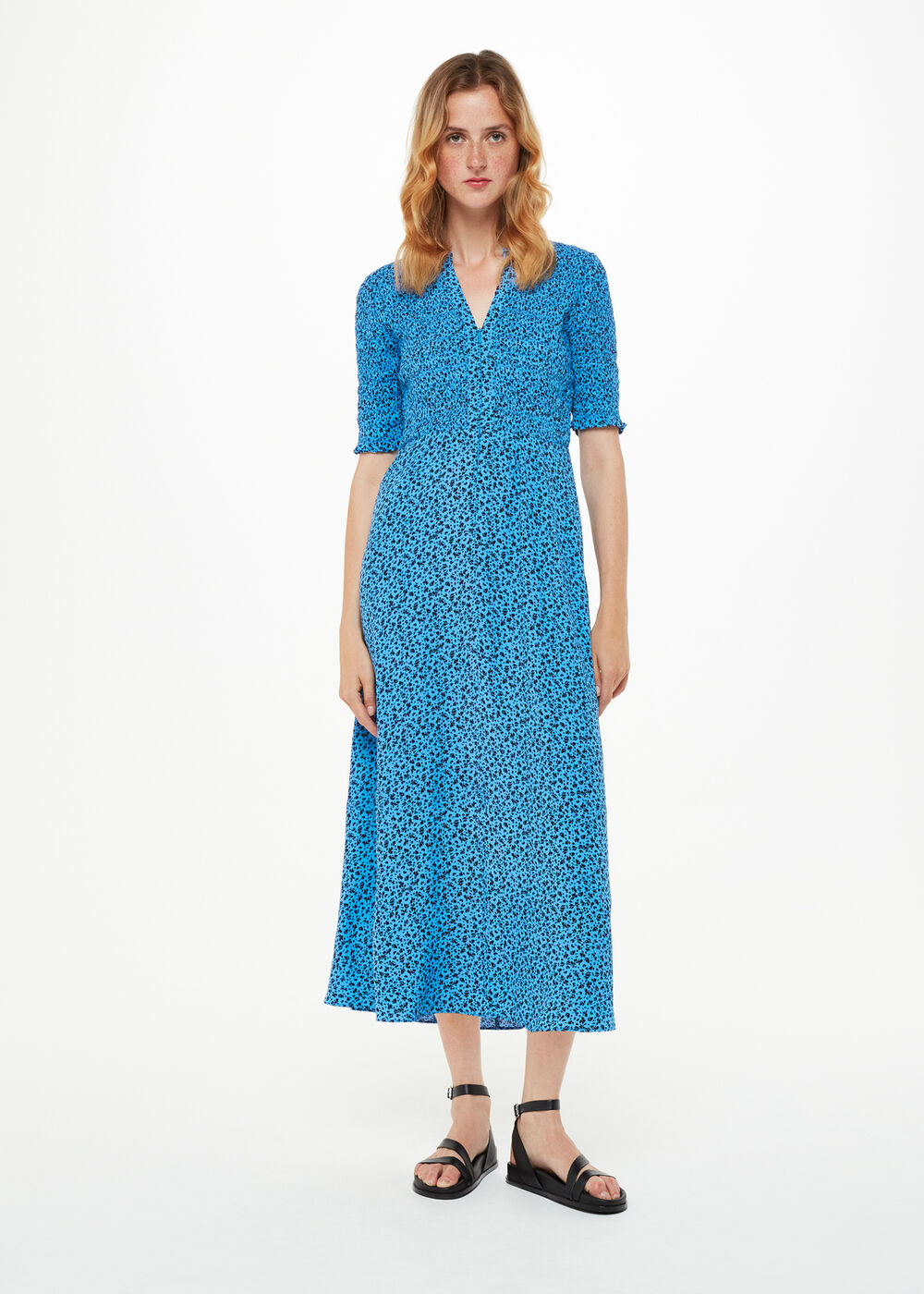 Blue Micro Bouquet Shirred Dress