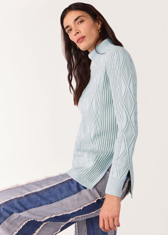 Blue Aoife Fine Cable Turtleneck Sweater