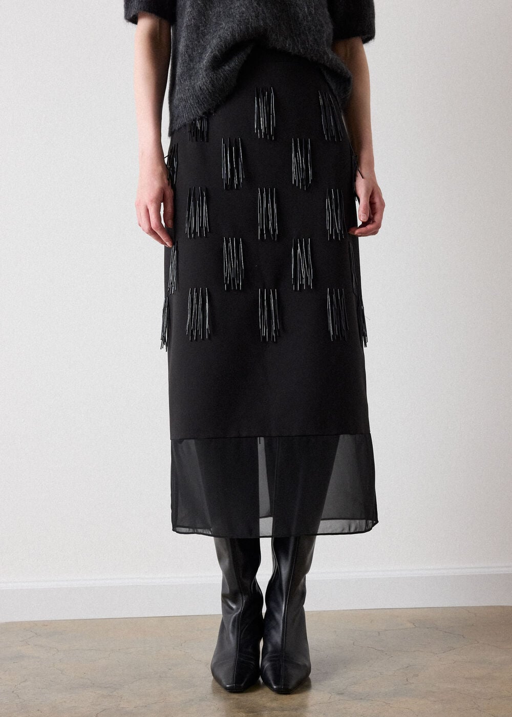 Black Fringe Sequin Organza Skirt