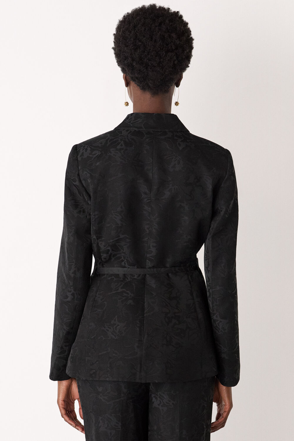 Black Jacquard Tie Waist Blazer