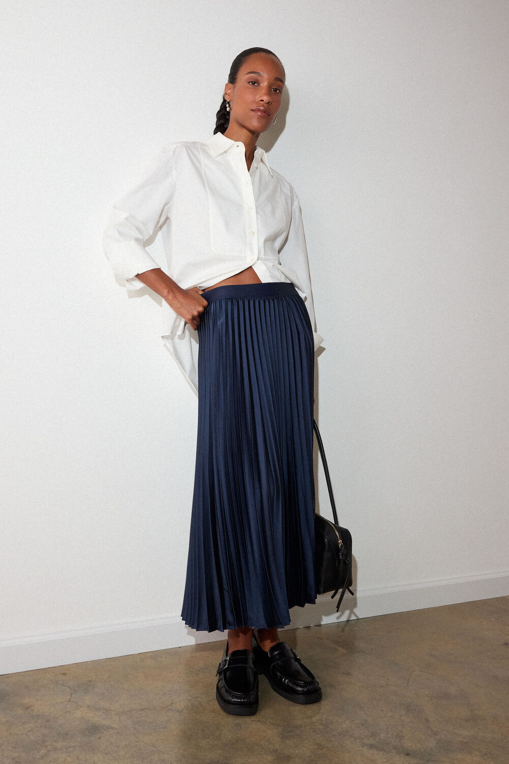 Navy Satin Pleated Midi Skirt