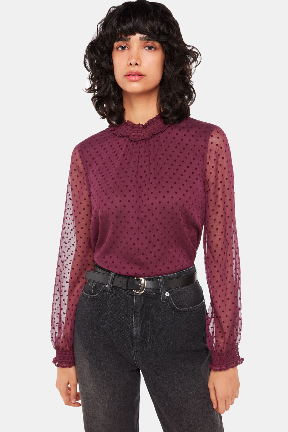 Burgundy Dobby Velvet Shirred Top