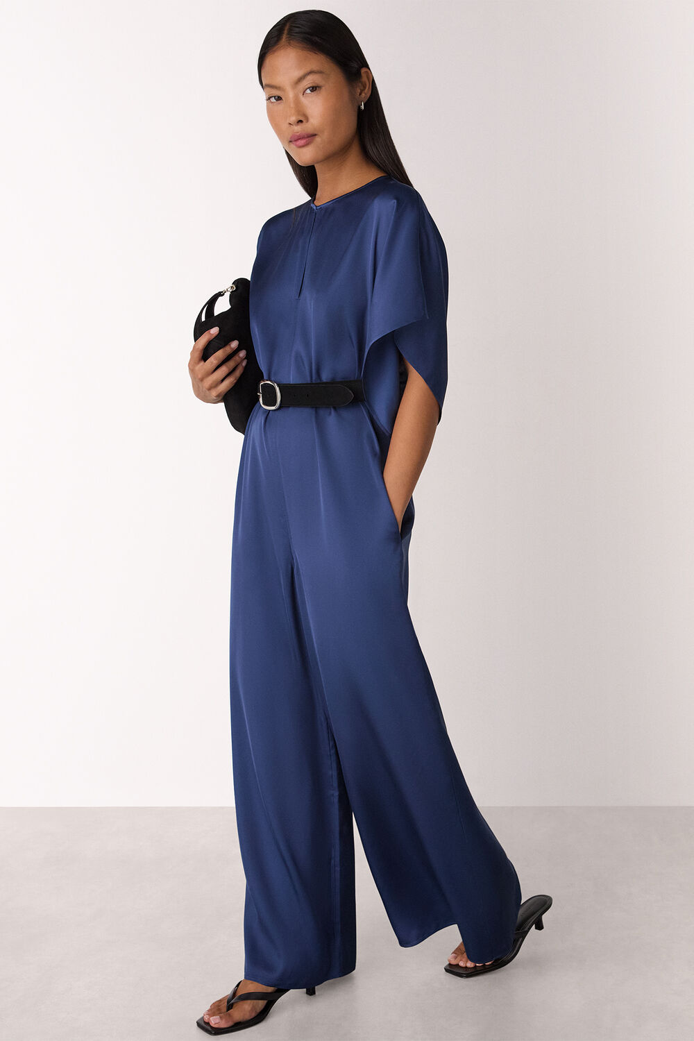 Navy Petite Satin Short Sleeve Jumpsuit