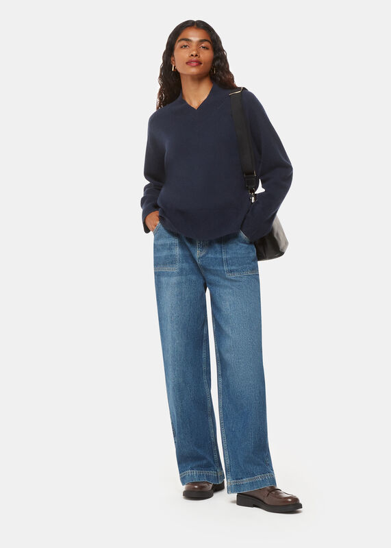 Navy Petite Cashmere V Neck Sweater