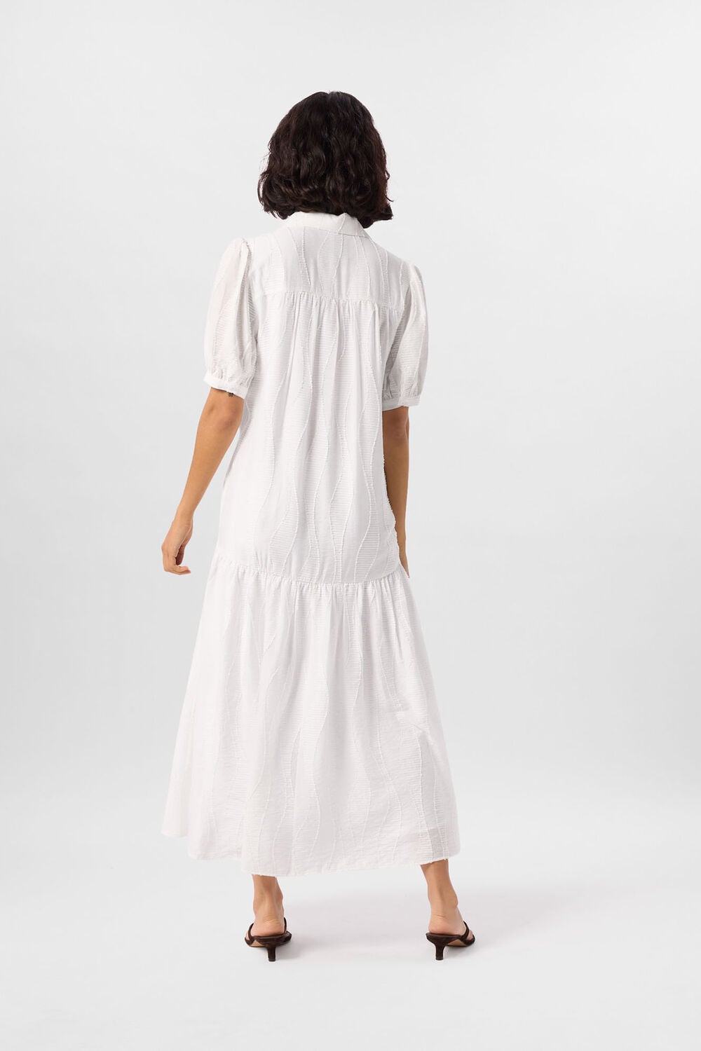 White Textured Drop Waist Midi Dress