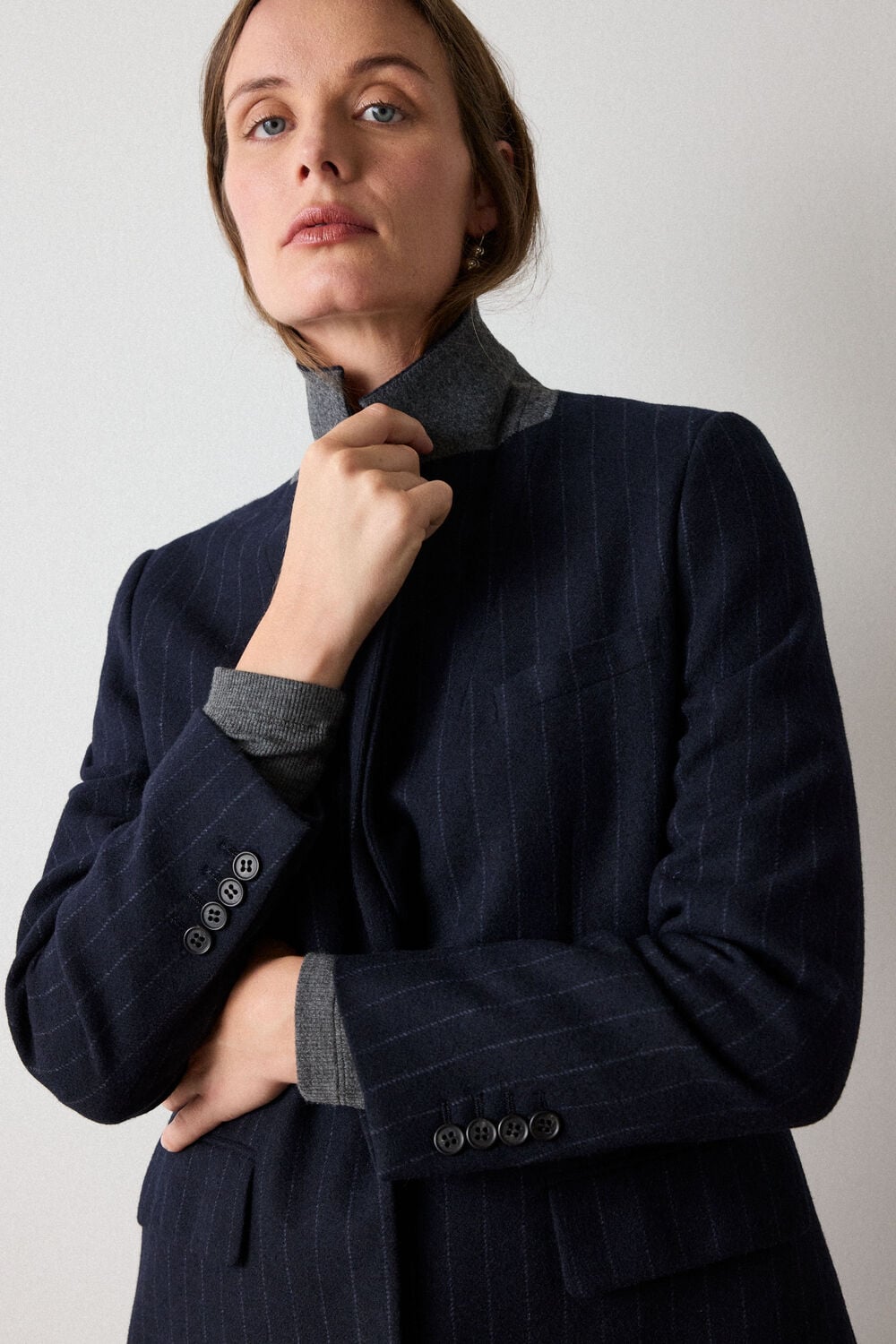 Navy Petite Pinstripe Wool Blend Blazer