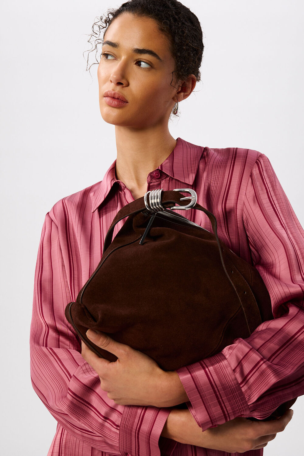 Chocolate Ring Detail Suede Shoulder Bag