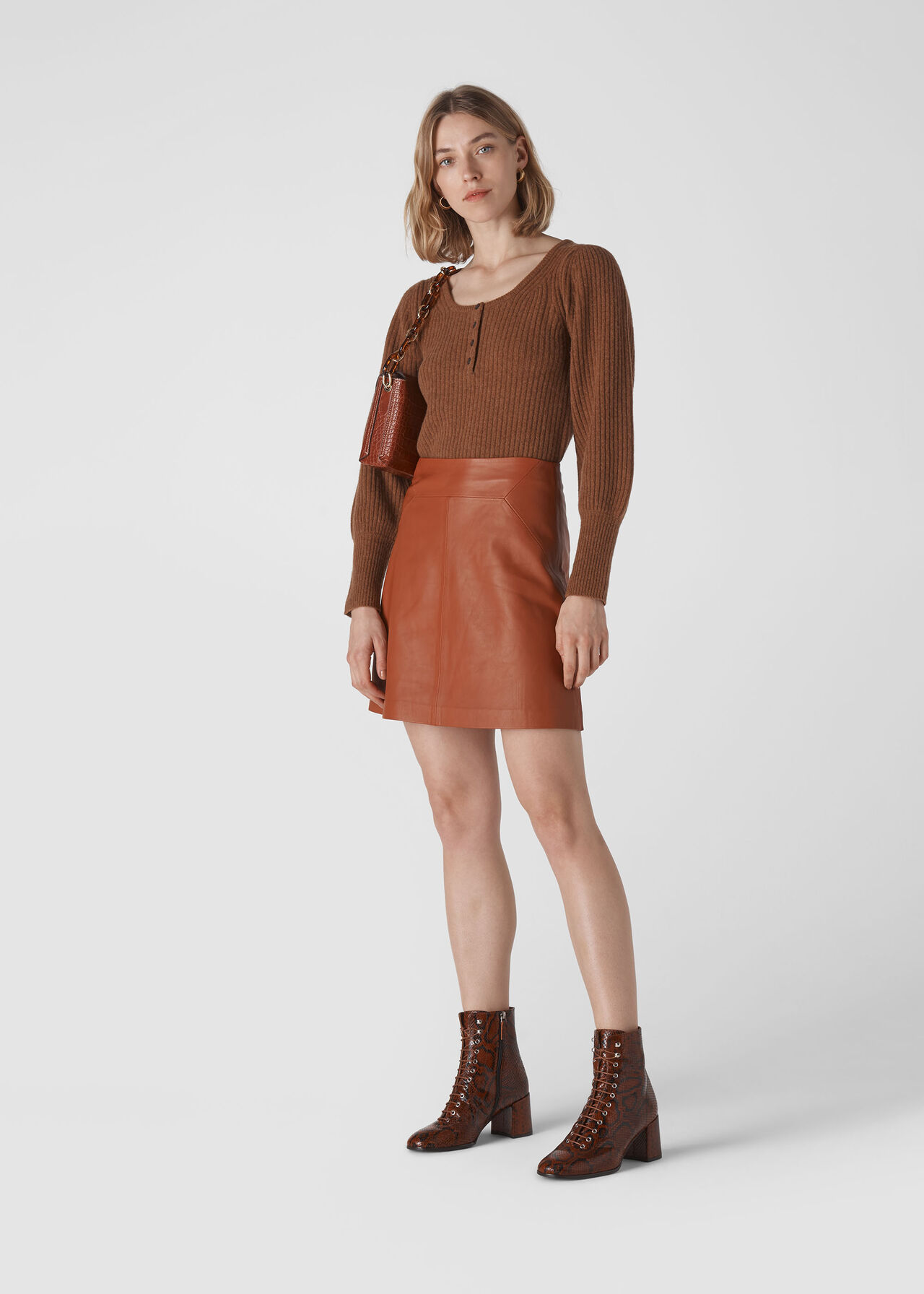 Leather A Line Skirt Rust
