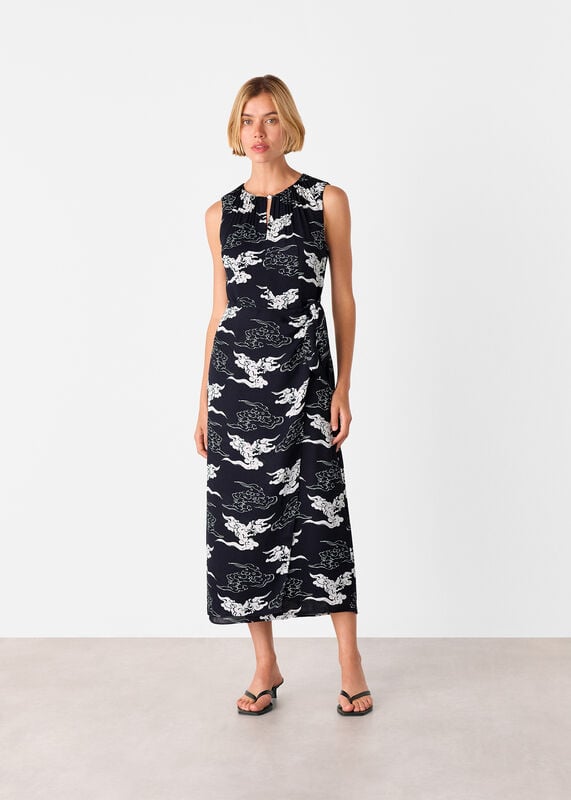 Navy Cloud Tie Waist Midi Dress