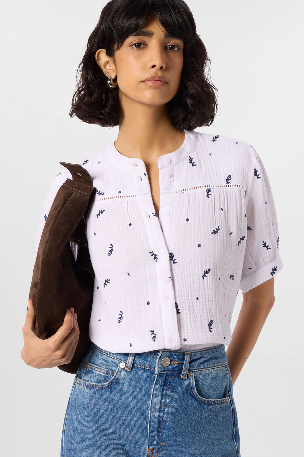 Ivory Embroidered Cotton Frill Top