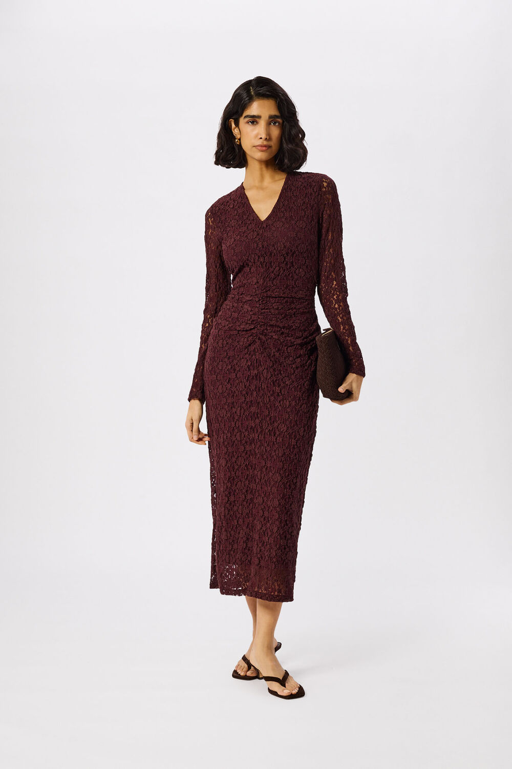 Burgundy Ruched Bodice Lace Dress
