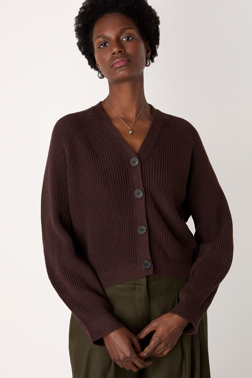 Brown V Neck Cotton Cardigan