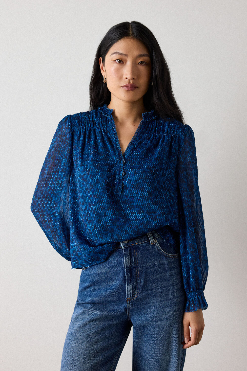 Blue Floral Textured V Neck Blouse